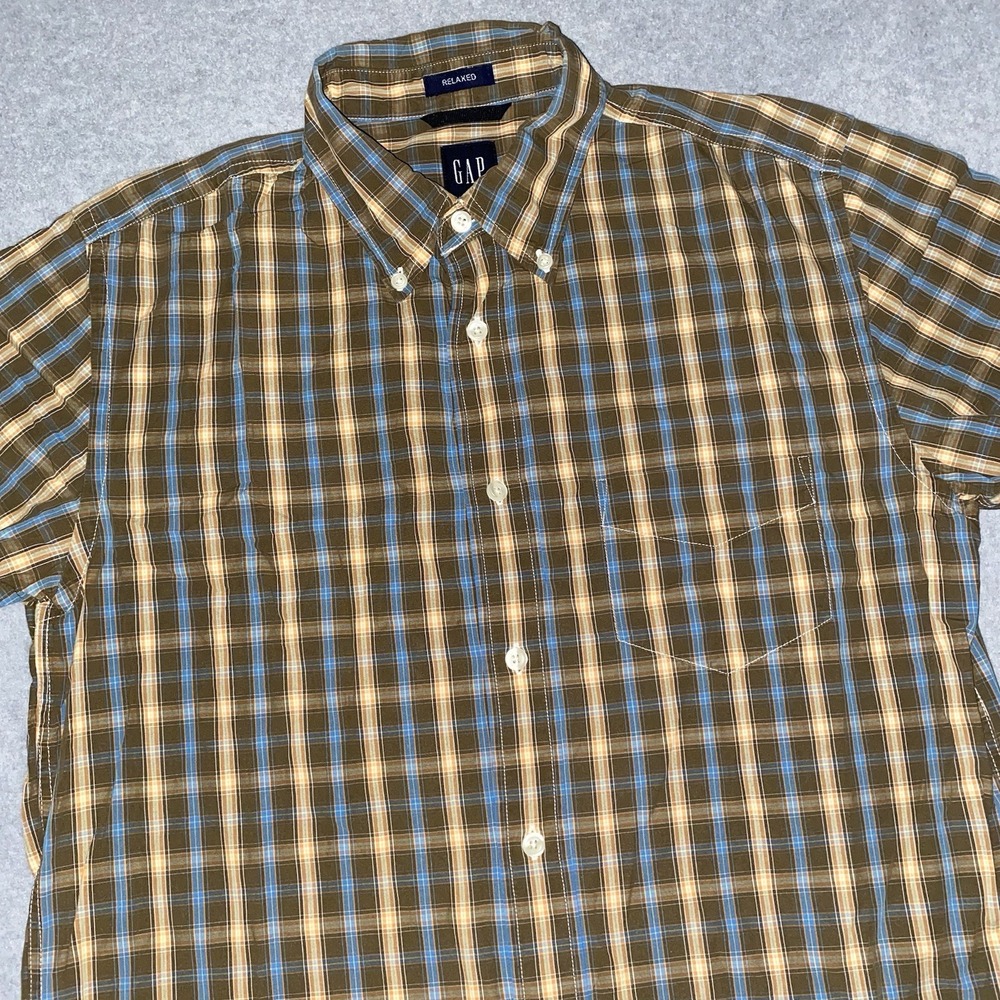 GAP Men's Plaid Shirt M Brown Blue‎ Yellow Short Sleeve Relaxed Fit Button Down